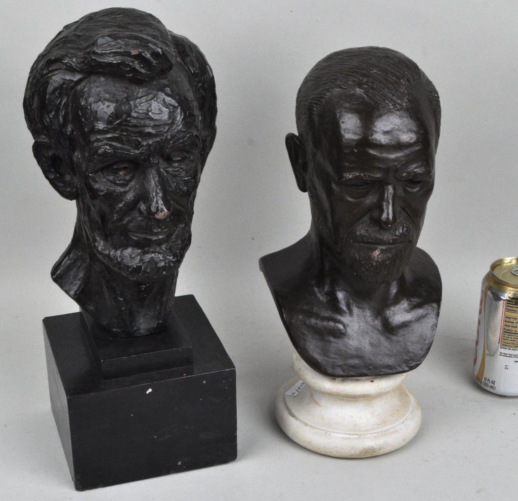 Leo Cherne, Two Busts, Lincoln & Freud: two cast busts, one depicting Abraham Lincoln, cast in dark patinated plaster and mounted on a square black wood base. The collar of the bust is signed and dated "1955 Leo Cherne." Leo Cherne (1912-19