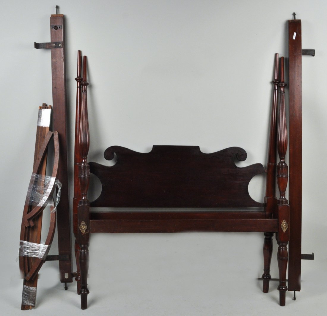 Federal Four Poster Bed: 66" high, 55" wide, 76" long. Finish wear, loss, alligatoring, small edge nicks and losses.
