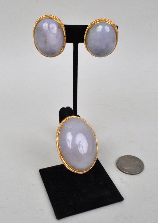 Pair 18K Gold & Gray Jade Earrings & Ring Set (1 of 4)