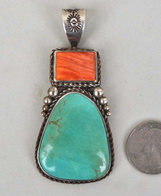 NA Sterling Turquoise, Spiny Oyster Pendant: by Dennis Ramone, San Felipe, signed. 3 1/4" high, 1 1/2" wide. Gross weight: 1.105 OZT. Provenance: Property of a CT Gentleman. *No credit card payments will be accepted for silver, gold, or jewelry 