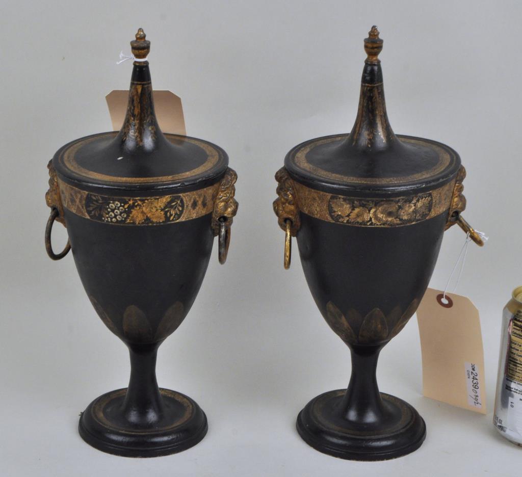 Pair Regency Decorated Tole Chestnut Urns (1 of 3)