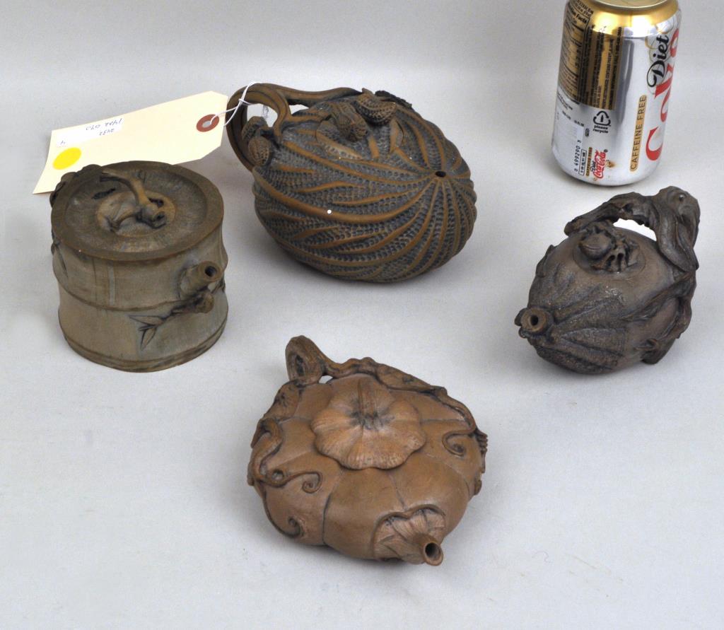 Group 4 Chinese Naturalistic Earthenware Teapots: in gourd and bamboo forms, three signed, 20th century. Largest: 3 1/2" high, &" wide, 4 1/4" deep. Property of a CT Collector.