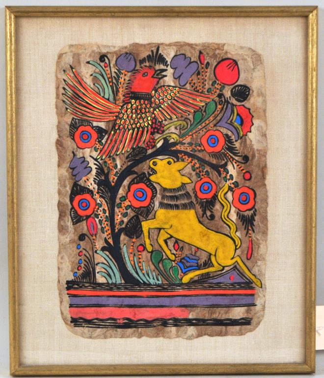 Mexican Nahua Amate Folk Painting: of exotic bird and beast, pigments on bark paper. Frame size: 19" high, 16" wide. Provenance: Estate of Lucy Jarvis, NYC.