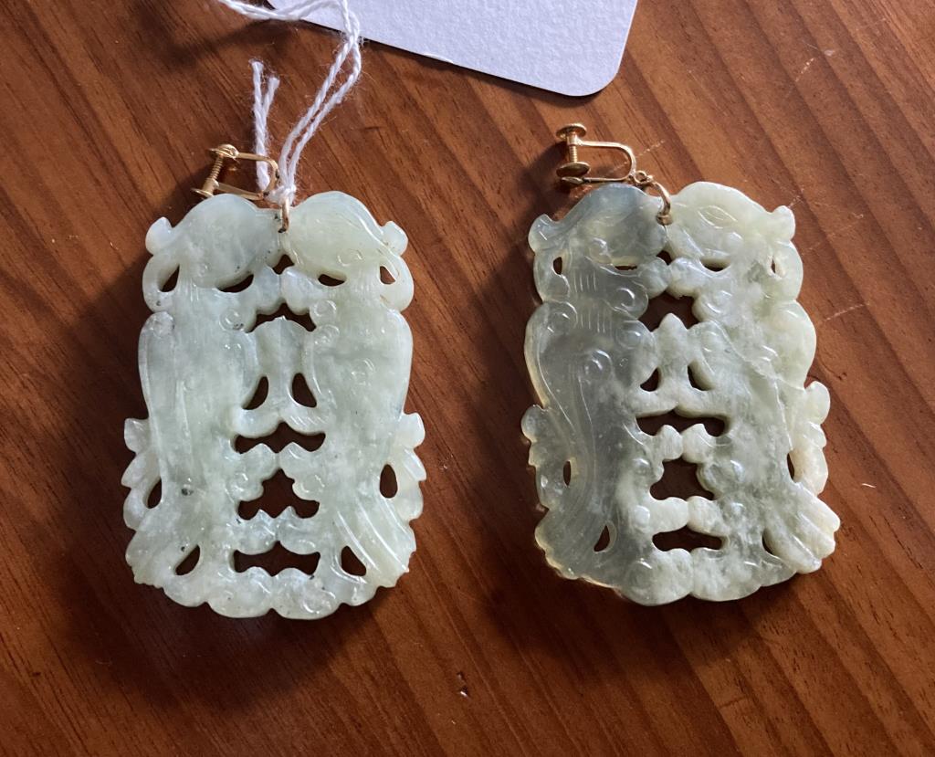 Pair Chinese Carved Hardstone Pendant Earrings (1 of 3)