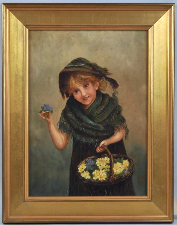 Am. School, Painting of Young Girl Flower Seller: signed indistinctly lower right, in beautiful gilt frame. Frame size: 28 1/4" high, 22 1/4" wide. Relined, some restorations, a few small losses. Property of a CT Collector.