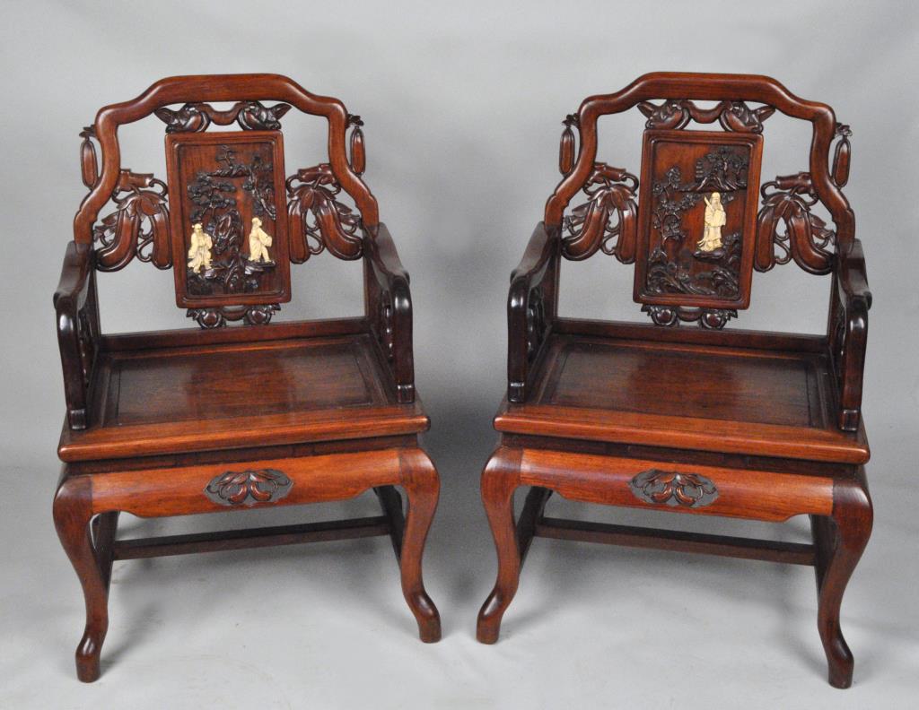 Pair Richly Carved Poss. Huanghuali Arm Chairs (1 of 6)