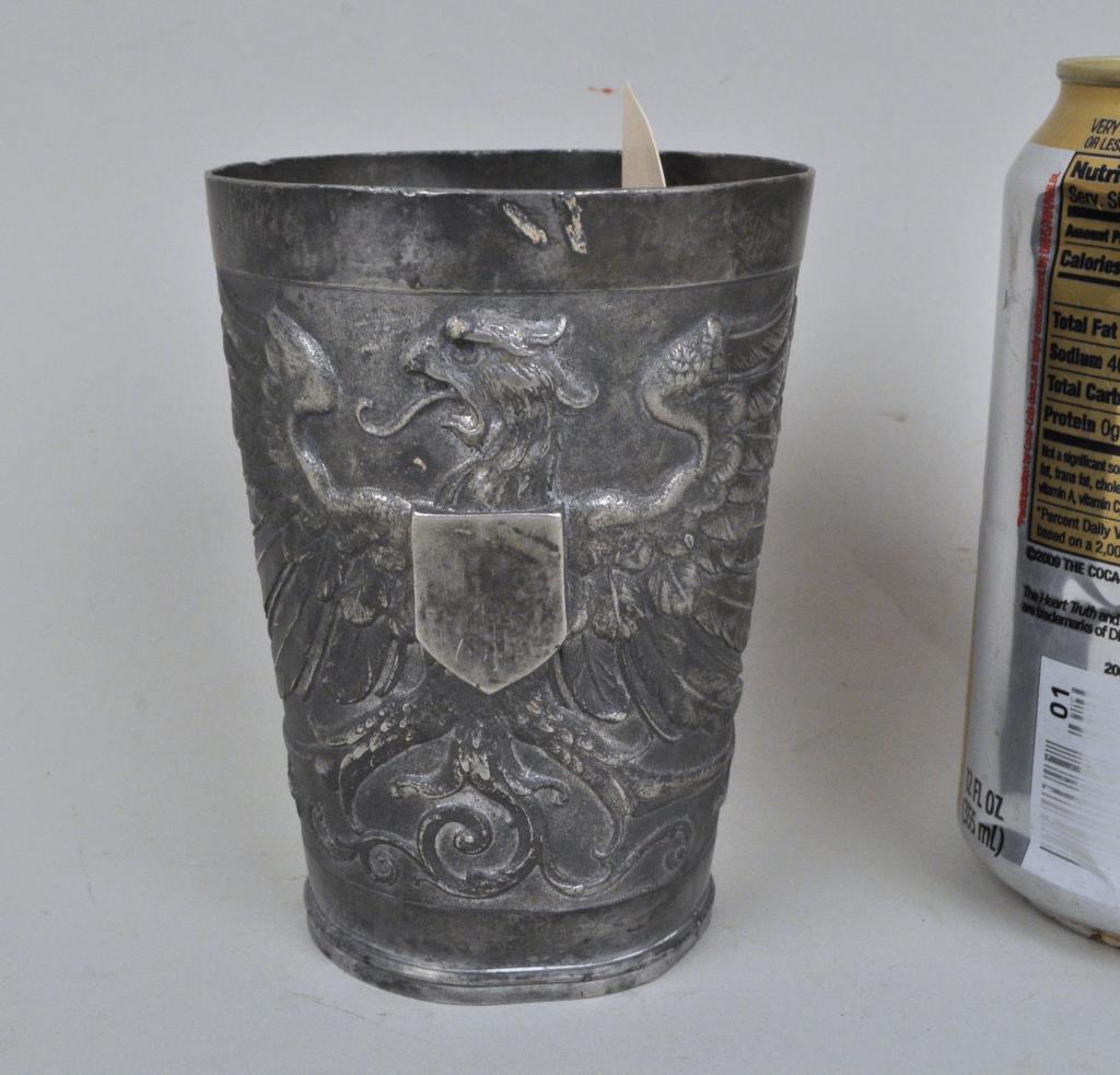 Unusual Pewter Beaker, Germanic Eagle: finely engraved Imperial eagle with void shield and cartouche to the reverse.4 1/4" high, 3 1/4" diameter. Minor damage to edges. Property of a CT Collector.