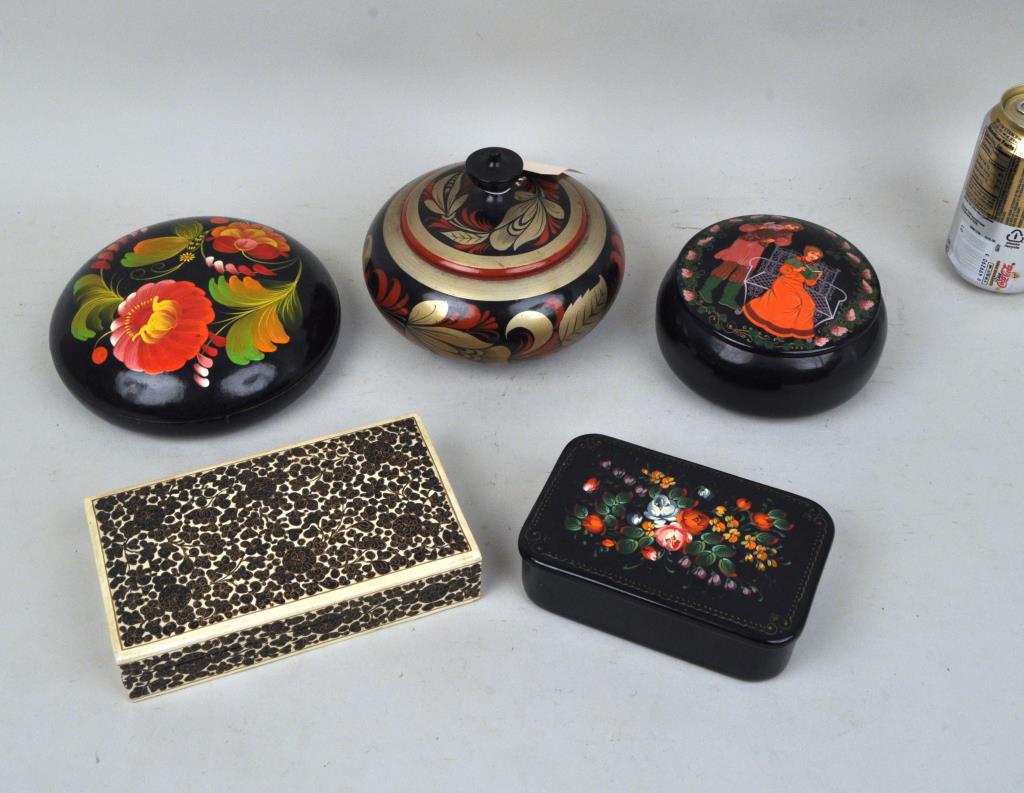 Four Russian & One Indian Lacquer Boxes (1 of 3)