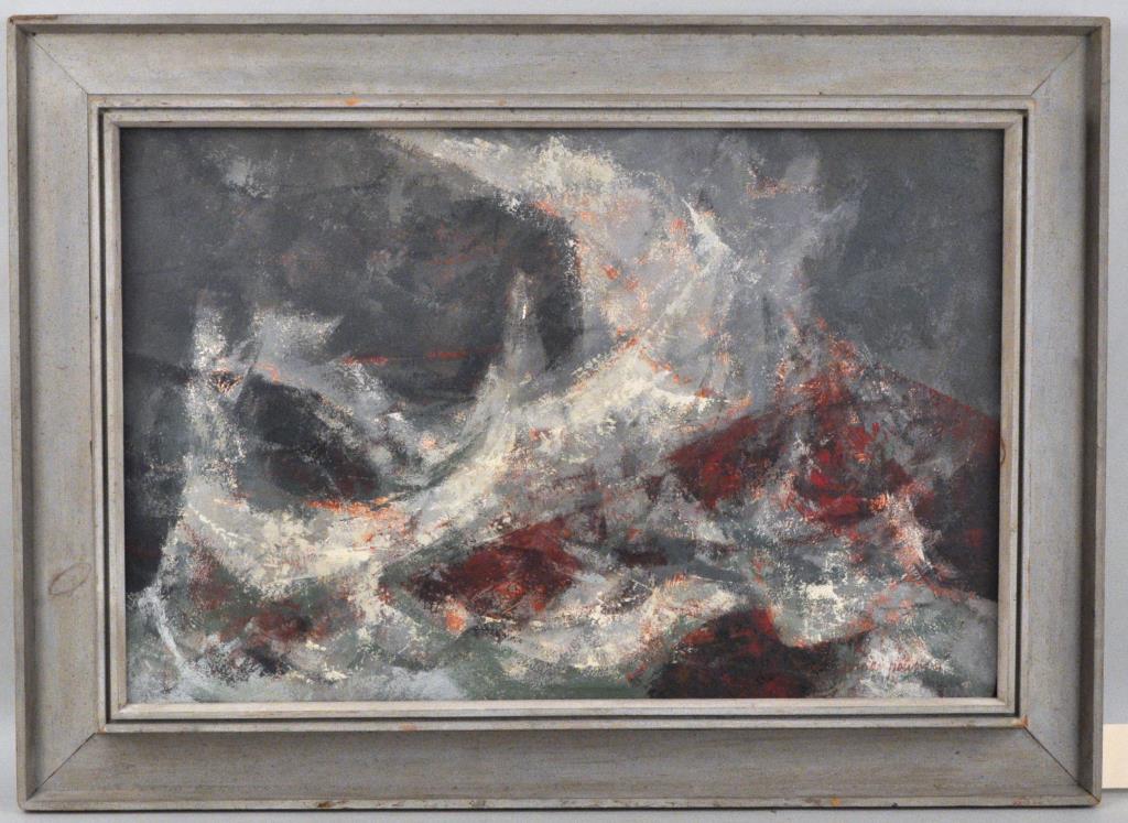 R.M. Gorman Powers, Abstract "The Washerwoman" O/M: Richard Michael Gorman Powers, (American, 1921-1996), abstract oil on masonite, signed and dated "'Gorman Powers 51" lower right in deeply cove molded frame, titled verso. Frame size: 27 3/4" high, 37