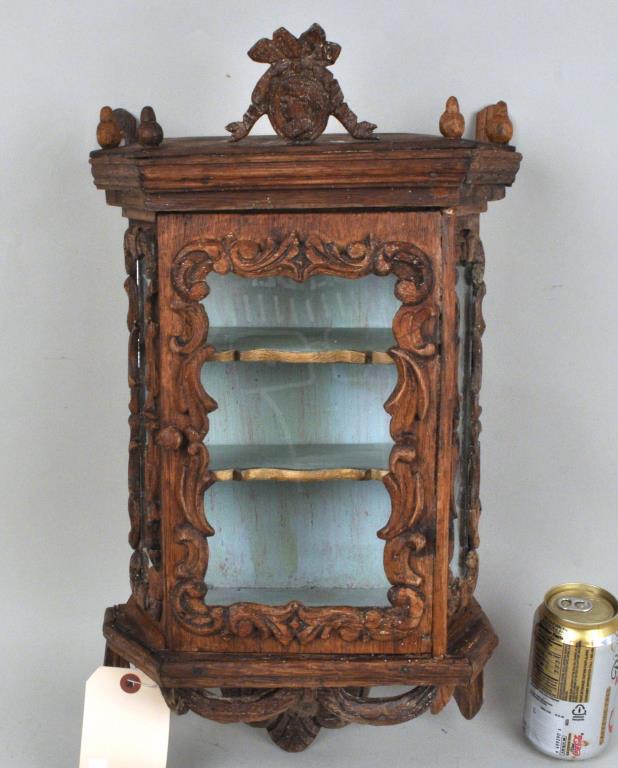 French Carved Oak Miniature Hanging Curio Cabinet (1 of 3)