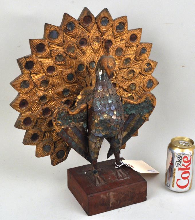 Asian Carved, Gilded Wood & Metal Peacock on Stand (1 of 3)