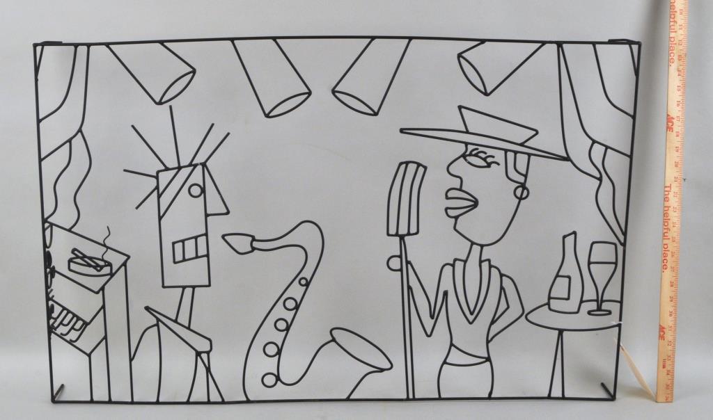 Barrett DeBusk, Wire Wall Sculpture: (American b. 1955). Abstract night club scene with musicians, signed. 25" high, 38" wide. Provenance: Estate of Lucy Jarvis, NYC.