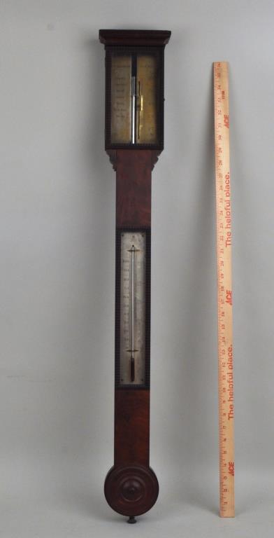 Pike & Sons, New York, Stick Barometer: mahogany with ripple molded detail and molded roundel, engraved "B. Pike and Sons, New York." 38 1/2" high, 5 1/2" wide. Provenance: Property of a Madison, CT Collector.