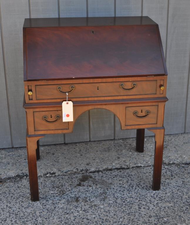 Labeled Kittinger Chippendale Style Desk/Frame: the fitted slant top upper section with maker's paper label and branded "4CW" to the reverse. 41" high, 33" wide, 22" deep. Wear, scratches, chips to veneer, lowest drawers locked. Provenance: Propert