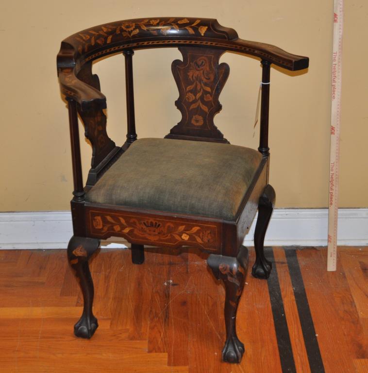 Queen Anne Style Marquetry Inlaid Corner Chair: with knuckle arms, vasiform splat and claw/ball feet. 32" high, 25" wide, 24 1/2" deep. Provenance: Property of an Old Lyme, CT Estate.