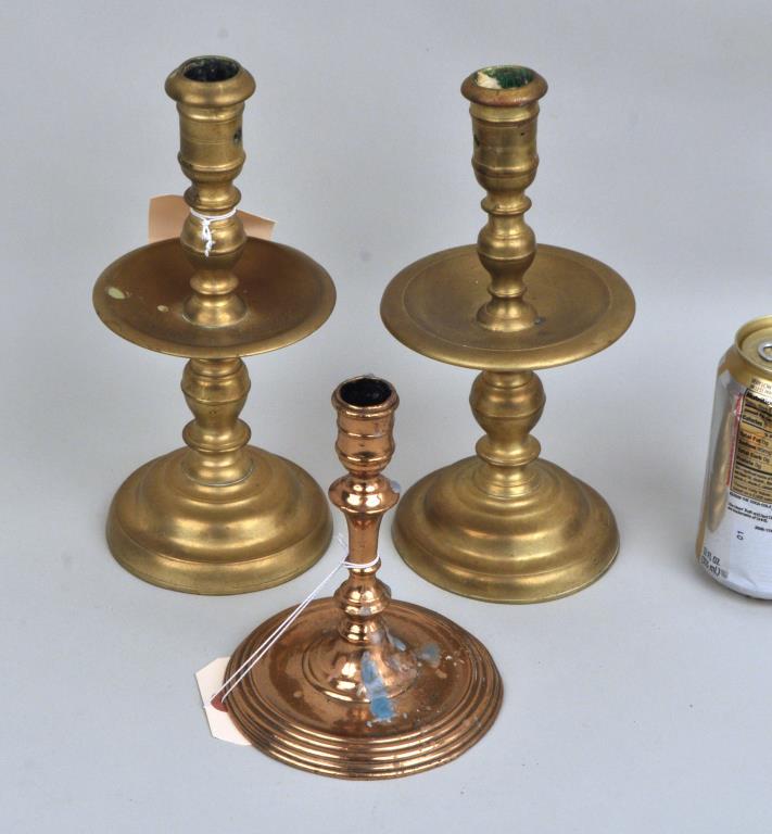 Pair Early Brass Candlesticks, Plus Single (1 of 2)