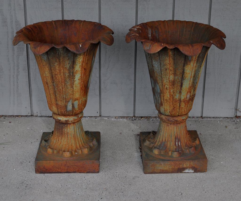 Pair Cast Iron Lotus Design Garden Urns (1 of 3)