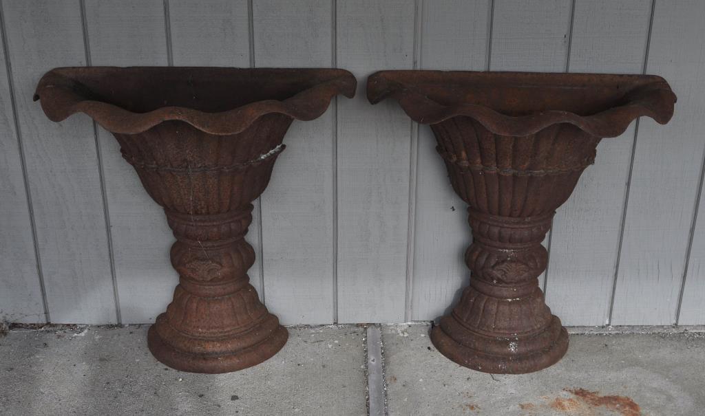 Pair Cast Iron Lotus Design Half Round Garden Urns (1 of 5)