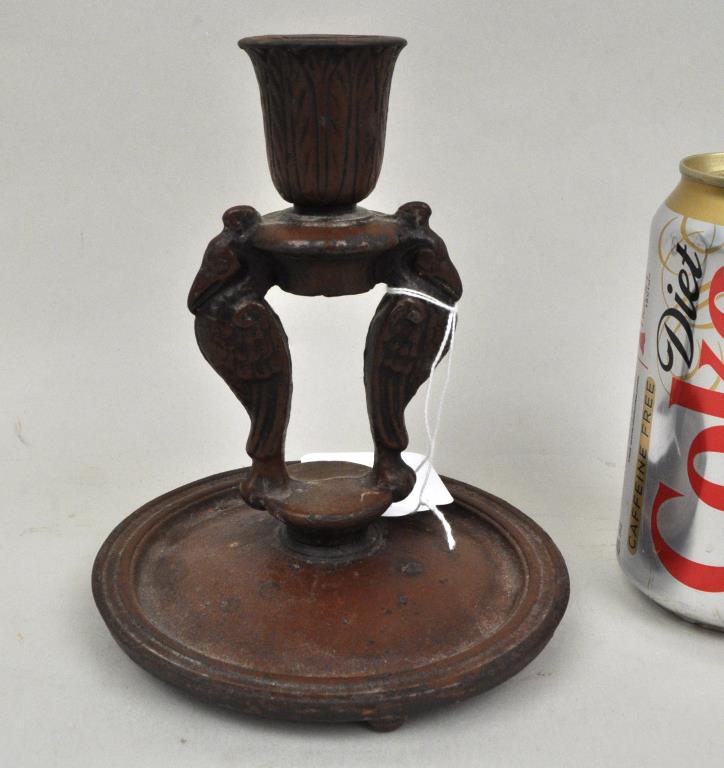 Maxfield Parrish Art Deco Rook Candlestick: of painted iron, stamped "MP 2" on base. 7 1/2" high, 5 1/4" diameter. Paint wear, loss.