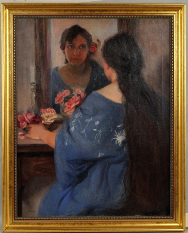 Lucien Abrams O/C "Woman At Mirror": (Am. 1870-1941) signed "Abrams" lower left; member of The Old Lyme Art Colony, Old Lyme, CT, established 1899. Frame: 37" high, 29 3/4" wide; canvas: 25" high, 32" wide.