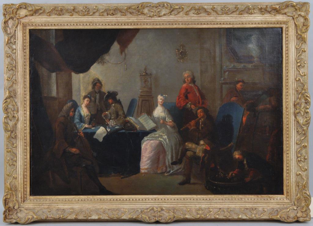 O/C French Interior Scene, Music Recital: depicting card players, musicians, lady and gentleman and an attendant at the wine cooler. Possibly 18th or early 19th century. Several areas of restoration, relined and later stretcher, in a gesso ca
