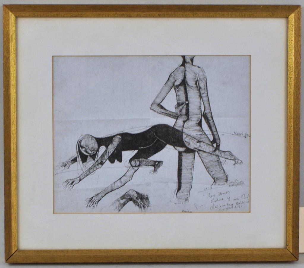 Vladimir Velickovic, Pen and Ink Drawing, Nudes: (Serbian/French, 1935-2019), inscribed to Lucy Jarvis, with personal letter verso. Framed, not examined out of frame. Frame size: 13" high, 15" wide. Provenance: Estate of Lucy Jarvis, NYC.