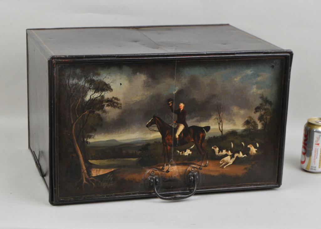 English Painted Tole Coal Bin, Equestrian Scene: with brass handles, finely painted scene of equestrian and hounds. 12" high, 20 1/4" wide, 14" deep. Some restorations, small edge losses. Provenance: Greenwich CT Private Collection.