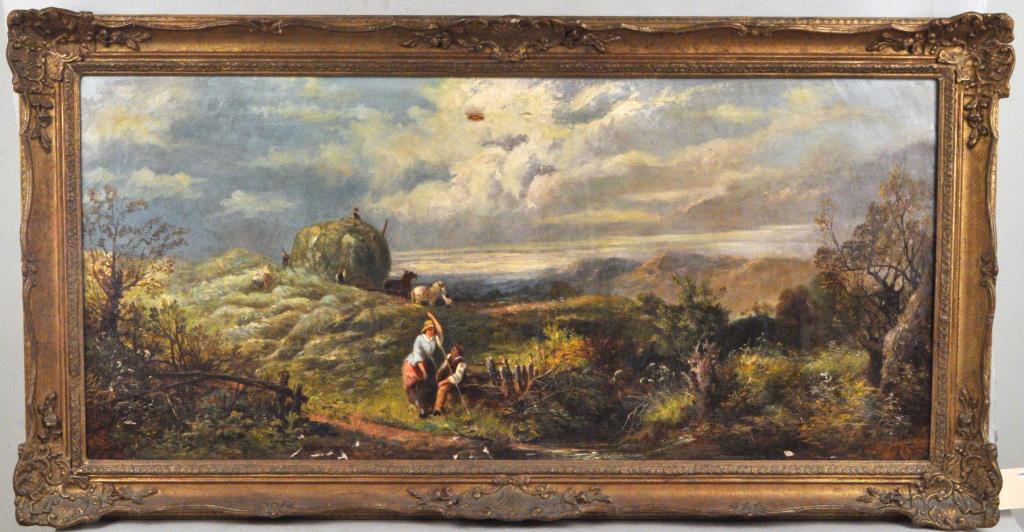 British O/C Thunderstorm Passing Over Surry Hills: Edward O. Bowley (Br. 1843-1890), oil on canvas, titled, signed and dated verso on canvas "Thunderstorm Passing Over Surry Hills" - E.O. Bowly (sic Bowley) 1872". Scattered losses, flaking, loose pain
