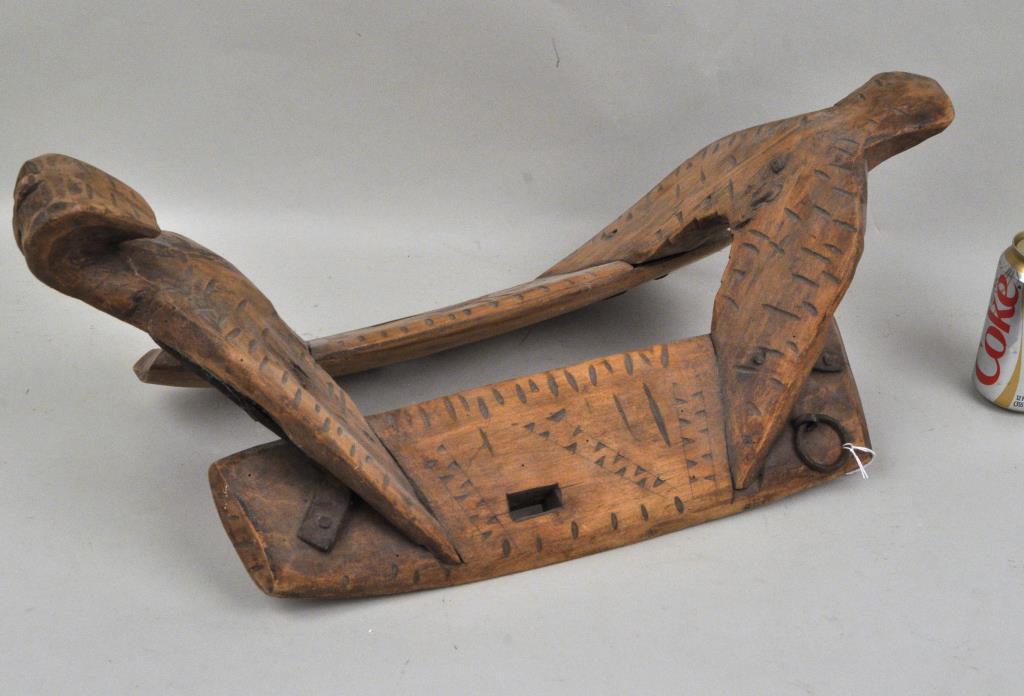 Antique Southwestern Saddle Chip Carved Decoration: 12" wide, 24" long. Rust to iron rings.