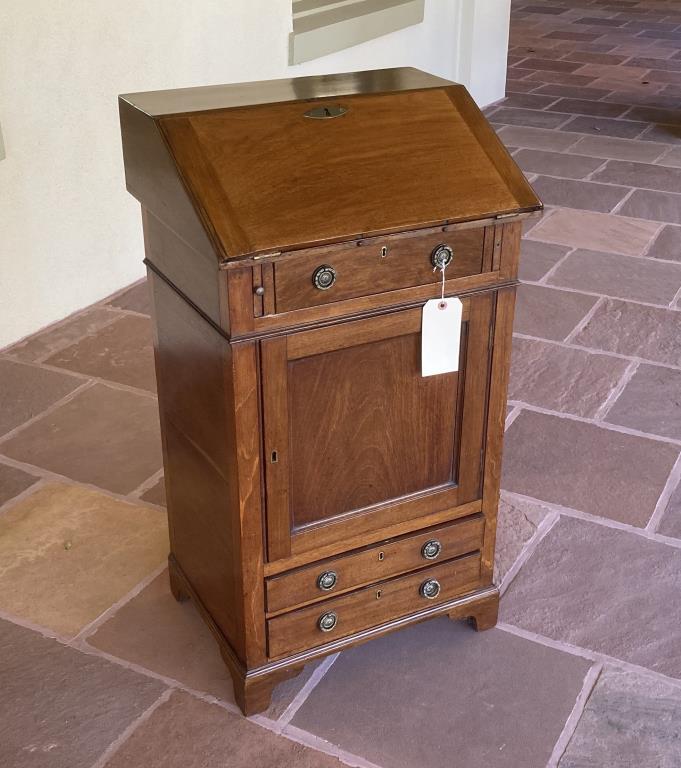 George III Mahogany Davenport, Bracket Base: with fall front desk section over cupboard base. 36" high, 20" wide, 16" deep. Expected age and use wear. One brass pull detached but present. Provenance: Greenwich CT Private Collection.