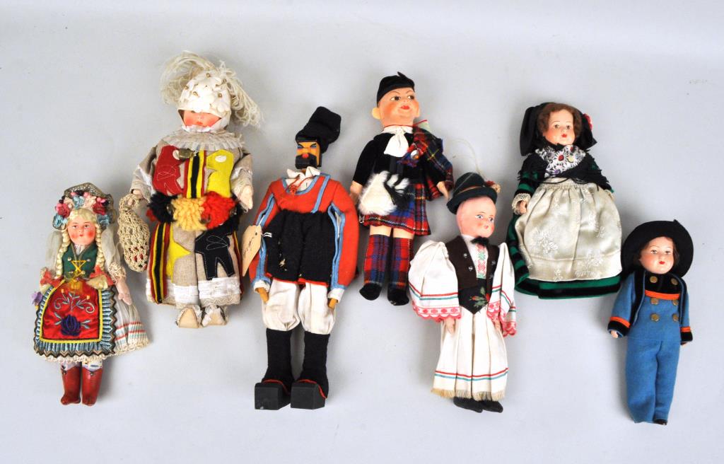 Group of Seven Vintage European Dolls: representing Scotland, France, Italy, Sardinia, Sweden and Belgium. Largest: 13" high, 4 1/2" wide. Light soiling to some. Provenance: Property of a Litchfield County History Museum.