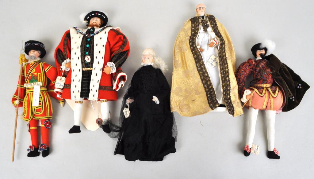 Group of 5 Vintage Soft Sculpture Character Dolls: retailed by "Liberty & Co." Comprising Queen Victoria, Henry VIII, Sir Walter Raleigh, Archbishop of Canterbury, and a Beefeater. All with hand stitched and painted faces, two with cloth "Liberty" tag