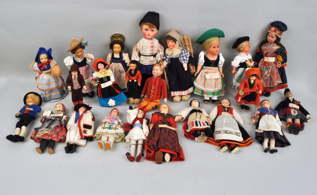 Group of Twenty-Two Vintage European Dolls: representing Finland, Norway, Germany, Lapland, Austria, Belgium, Switzerland, Curacao, Russia and others. Largest: 12 3/4" high, 5" wide. Light soiling, small losses to some. Provenance: Property of 