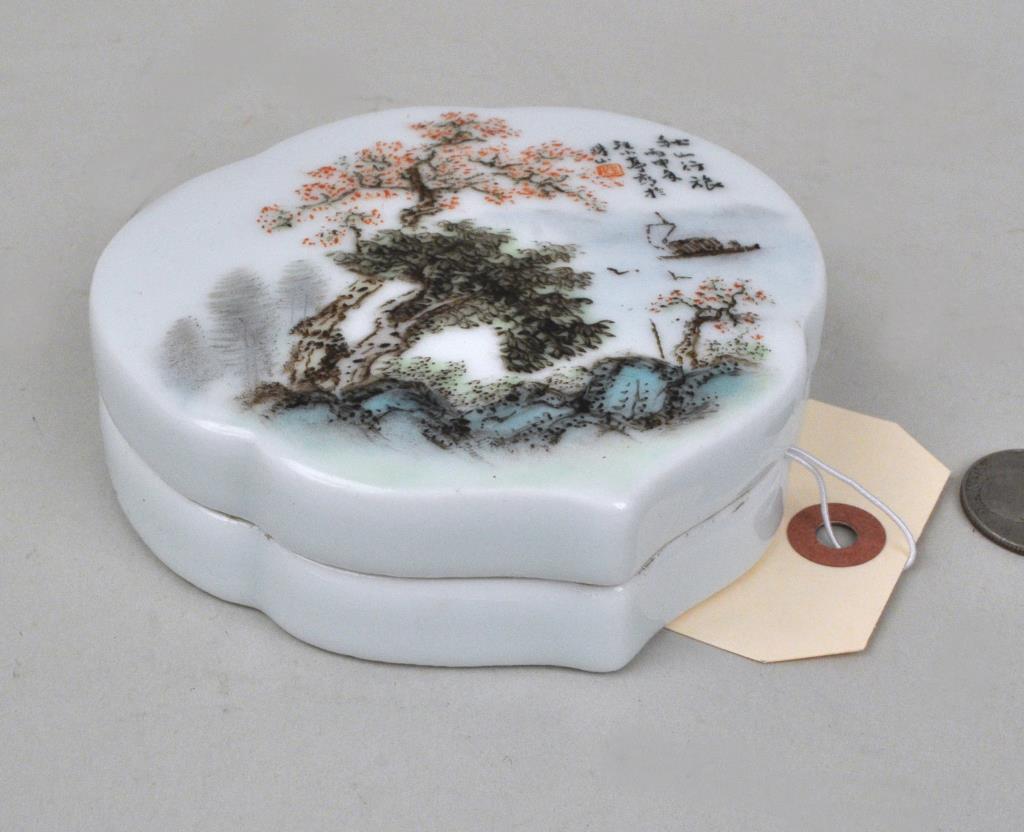 Chinese Republic Period Famille Rose Covered Box: possibly Wan Yeting artist. 4" high, 4 1/4" wide. Slight enamel wear.