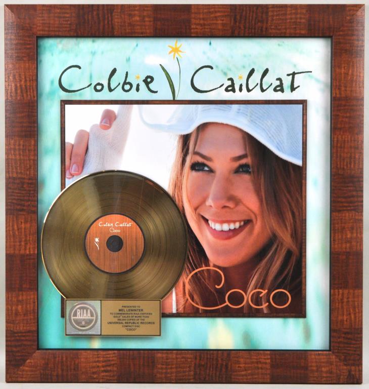Colbie Caillat RIAA Gold Sales Award: presented for "Coco" cd. 30" high, 28 1/2" wide. Not examined out of frame. Provenance: Shagbark Farm, Party Barn, Washington CT.