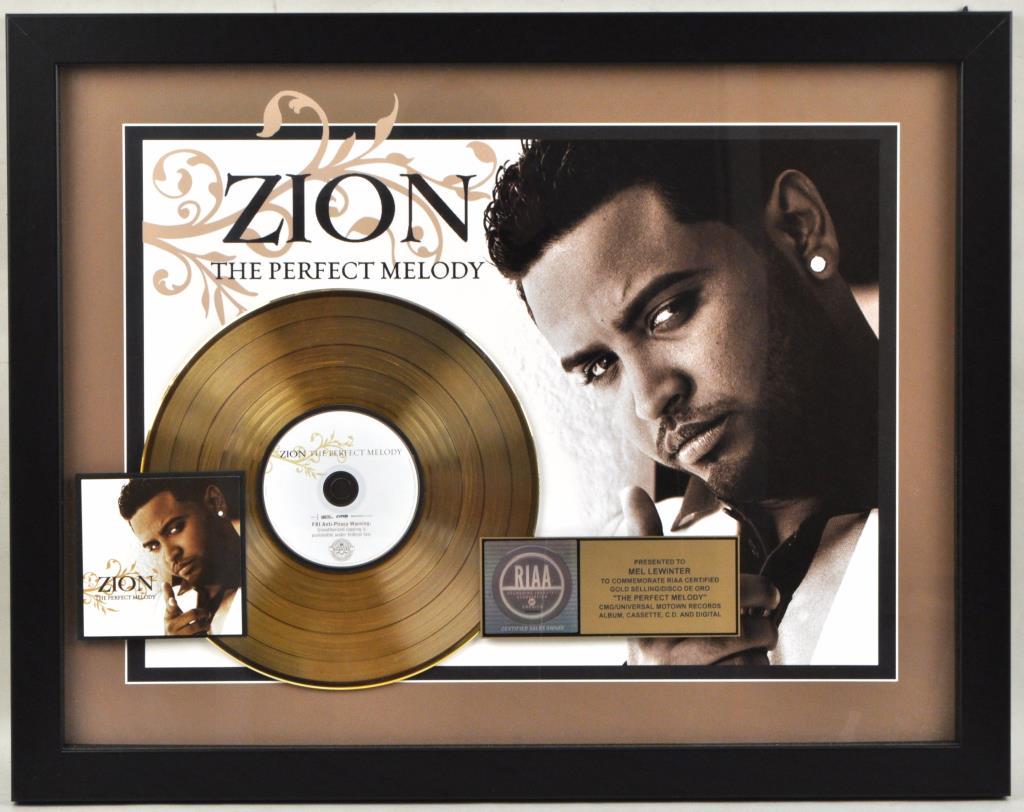 Zion RIAA Gold Sales Award: presented for "The Perfect Melody" album, cassette, cd, and digital. 23" high, 29 1/2" wide. not examined out of frame. Provenance: Shagbark Farm, Party Barn, Washington CT.