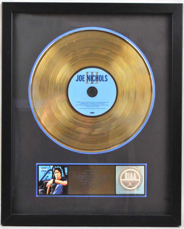 Joe Nichols RIAA Gold Sales Award: presented for "III" cd. Not examined out of frame. 21 1/2" high, 17 1/4" wide. Provenance: Shagbark Farm, Party Barn, Washington CT.