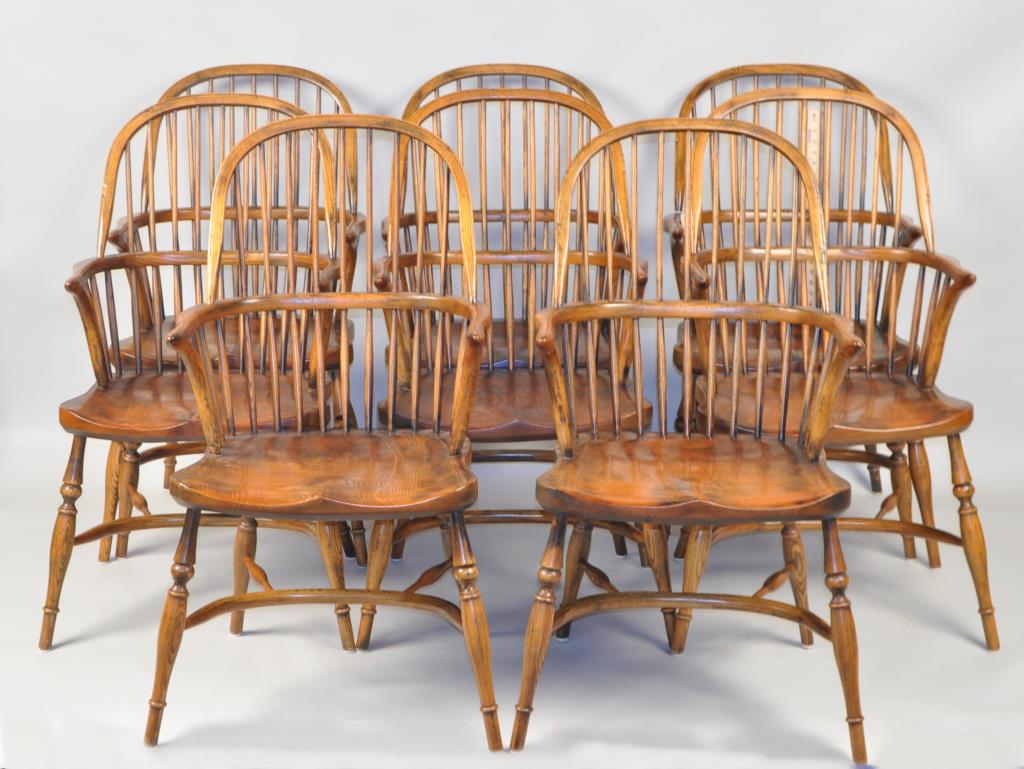 Set Eight English Double Bow Windsor Arm Chairs: 40" high, 21" wide, 16" deep. Provenance: Shagbark Farm, Main Residence, Washington CT.