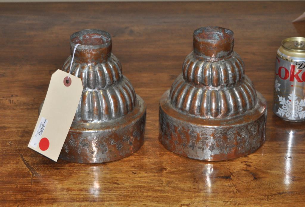 Pair Egyptian SIlvered Copper Candelabra Bases: each incised "Egypt" on base. 6 3/4" high, 6 1/2" diameter. Silvering loss, oxidation. Provenance: Shagbark Farm, Main Residence, Washington CT.