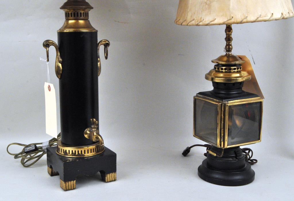 Two Brass/Metal Table Lamps: comprising a coach lamp form and an oil lamp, 20th century. Largest: 28" high, 7" wide. Provenance: Shagbark Farm, Main Residence, Washington CT.