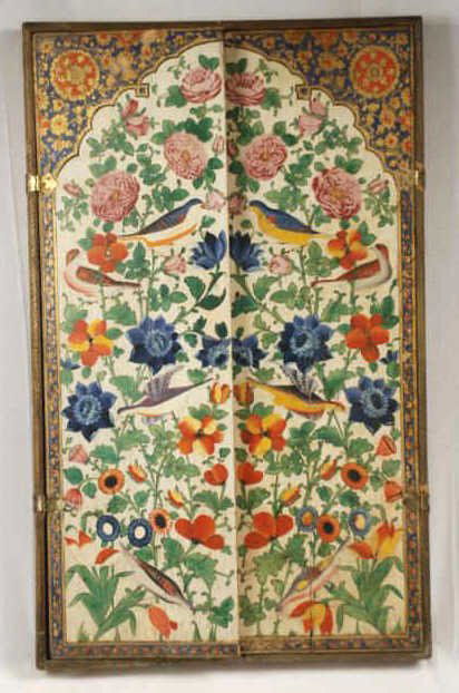 Courting Mirror Box w/ Painted Decoration: Unusually large cased courting mirror box with two-door paint decorated case in elaborate Mid-eastern motif with flowers and birds, opening to a recessed mirror, probably Continental, 19th century. Mi