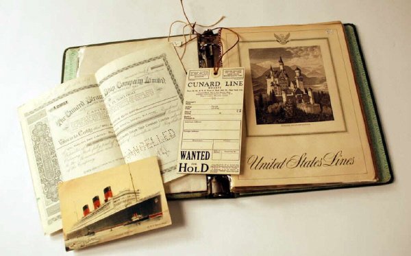 Large Group of Ocean Liner Memorabilia: Ocean liner memorabilia, consisting of menus, luggage tags, deck plans, logs, photos, postcards, a stock transfer, napkins, programs, invitations, a song book, passenger accommodation deck plans etc. 