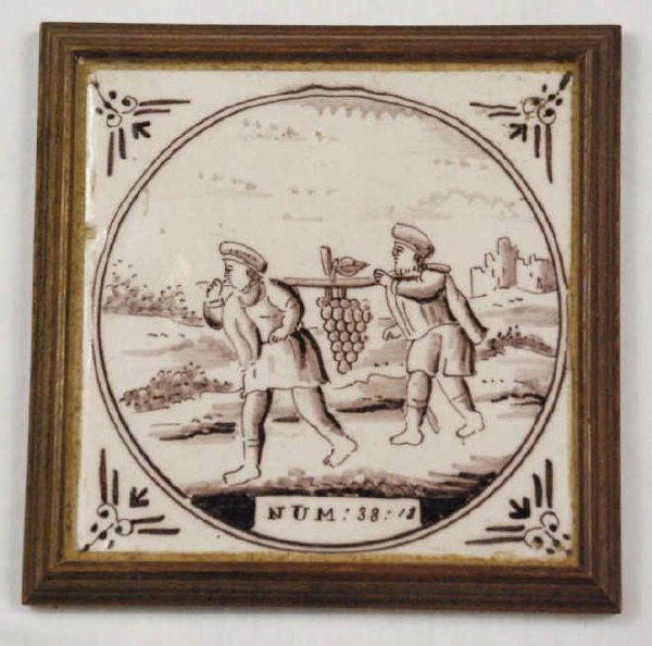 Three Dutch Delft Tiles, 17th C.: Three manganese grape motif Delft tiles individually framed as wine coasters, Dutch, late 17th or early 18th century. Roughness around the edge. 5 1/4" square. (3 pc)