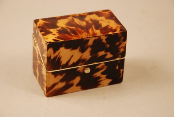 Tortoise Shell Miniature Tea Caddy: Rare tortoise shell snuffbox in the form of a miniature tea caddy with apparently original hinges and hasp. Probably England, 19th C. 3" high, 2 1/4" wide.