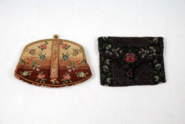 Two Beaded Purses: Lot of two vintage beaded purses, one with purple silk lining, black with purple beads, the other silk petitpoint with taffeta lining, frame lined with paste stones. Good condition.