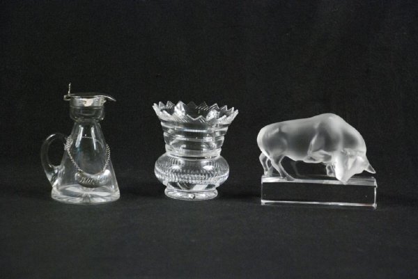 Lalique Bull Paperweight / Various Items: Various items including a signed Lalique bull paperweight, a sterling topped pouring vessel, and a modern toothpick holder. Lalique bull has a tiny horn fleck. Bull 3 3/8" high, 4 1/8" wide, 2" deep. 
