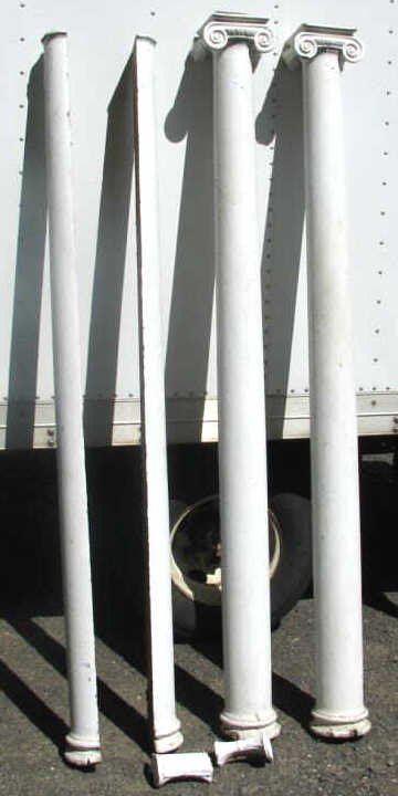 Wood Columns (2), Split Face Columns (2): Two wooden columns. Together with two split face columns. Old white paint. 78" high, 7" wide. (4 pc)