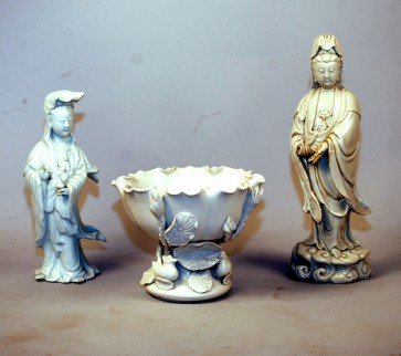 Chinese Blanc de Chine Guanyin Figures & Bowl: Chinese blanc de chine Guanyin figure, 19th century, together with another blanc de chine Guanyin and a blanc de chine bowl, both 20 century. Old repairs, losses. Larger figure: 13" high. Smaller figu