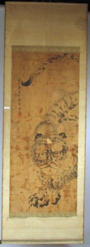 Japanese Painted Hanging Scroll: Japanese painted hanging scroll on paper of a snow leopard, 19th century. Stained and losses throughout. 75" high, 27 1/2" wide. Provenance: Fairfield County CT Collection.