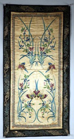Early Silk Embroidered Table Mat: Early silk embroidered table mat, beige field with butterflies. Tiny areas of embroidery loss. 22 1/2" long, 11" wide.